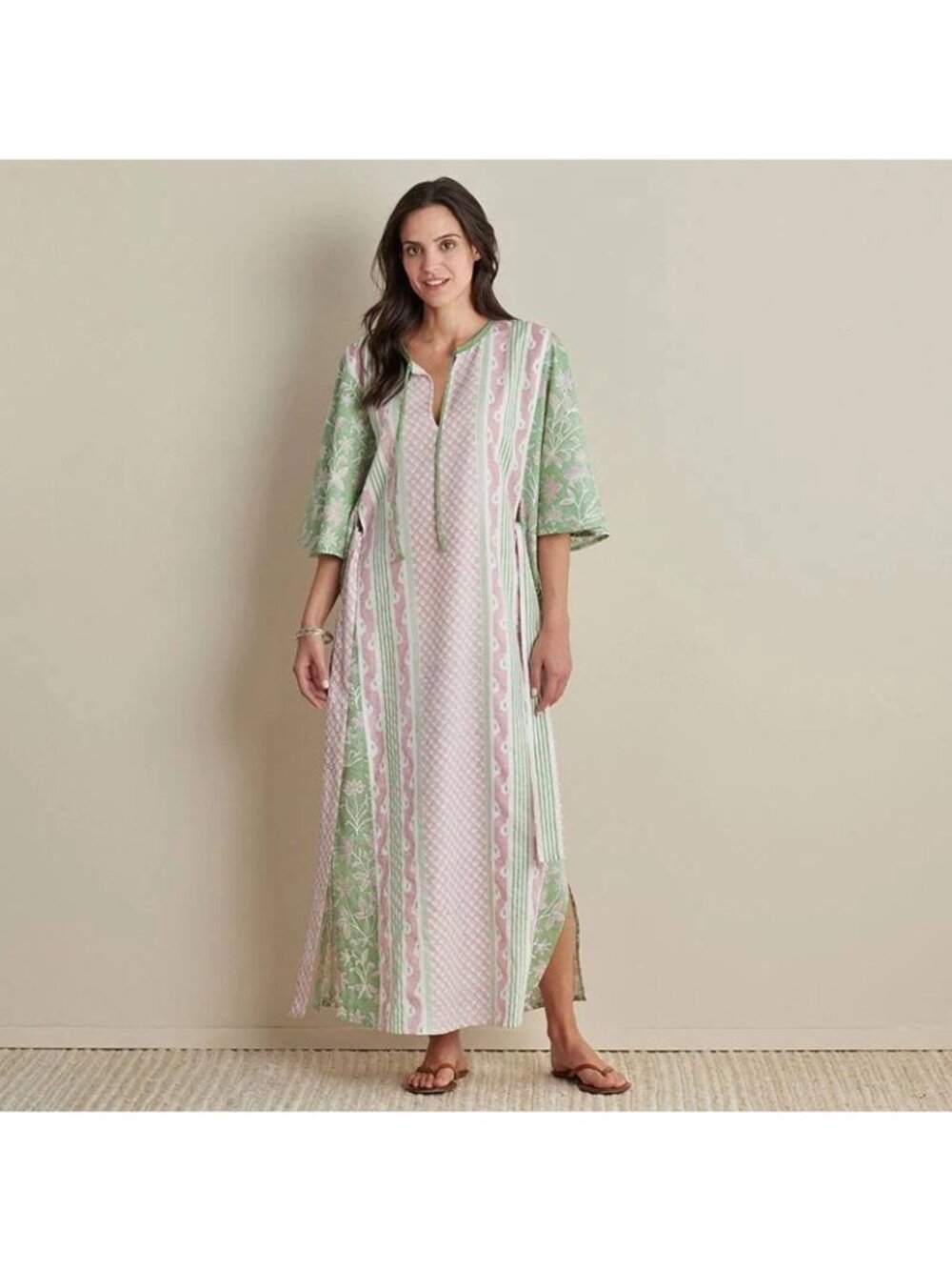 NEW Villa D'Ascoli x The Company Store Cotton Caftan, Pink/Green, Women L/XL